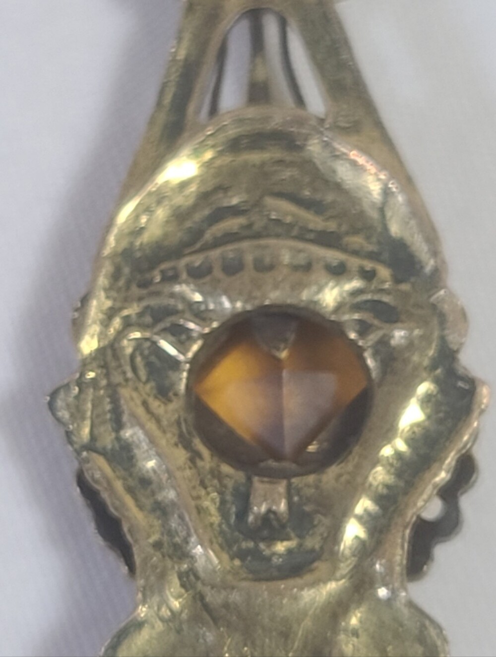 Antique Art Deco Orange Yellow Glass Gems Brass Pendant Necklace - Picture 8 of 14